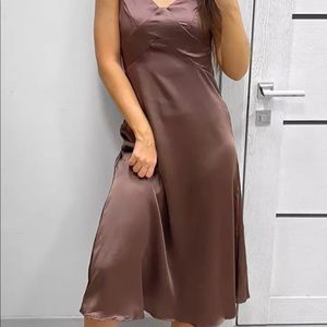 NEW Satin style brown dress flare brown S;M;L;XL slip midi feminine